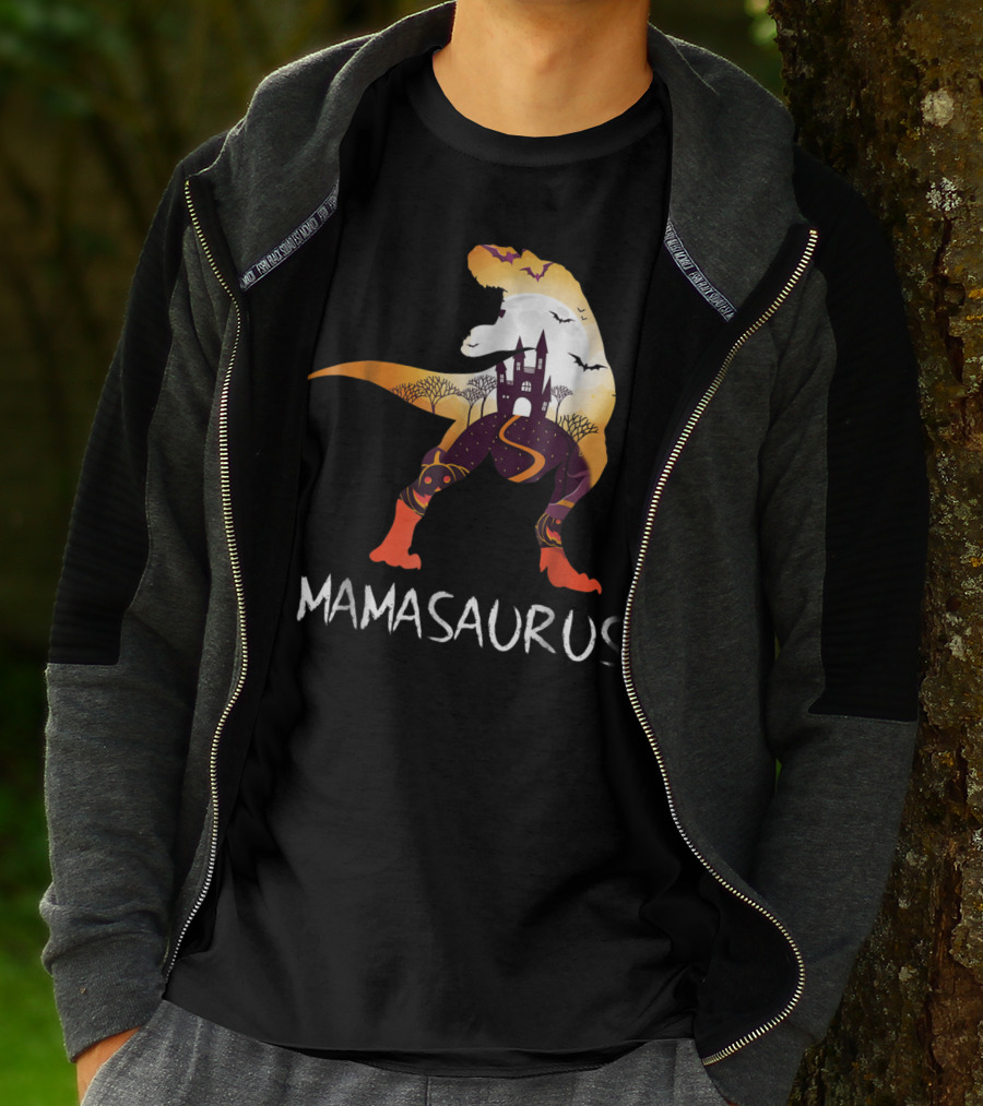 Mamasaurus Halloween Castle Bats T-Rex Scene T-Shirt