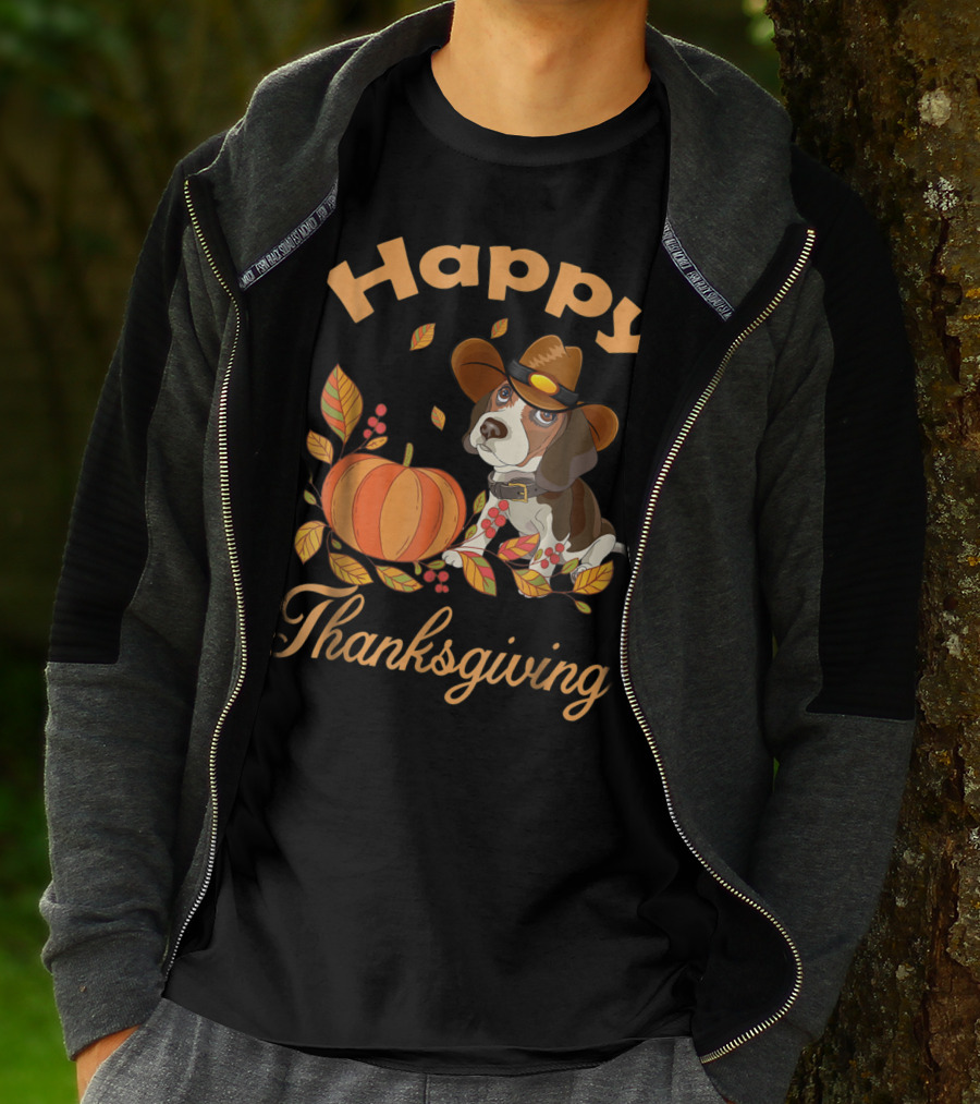 Happy Thanksgiving Beagles Pilgrim Pumpkin And Leaves T-Shirt