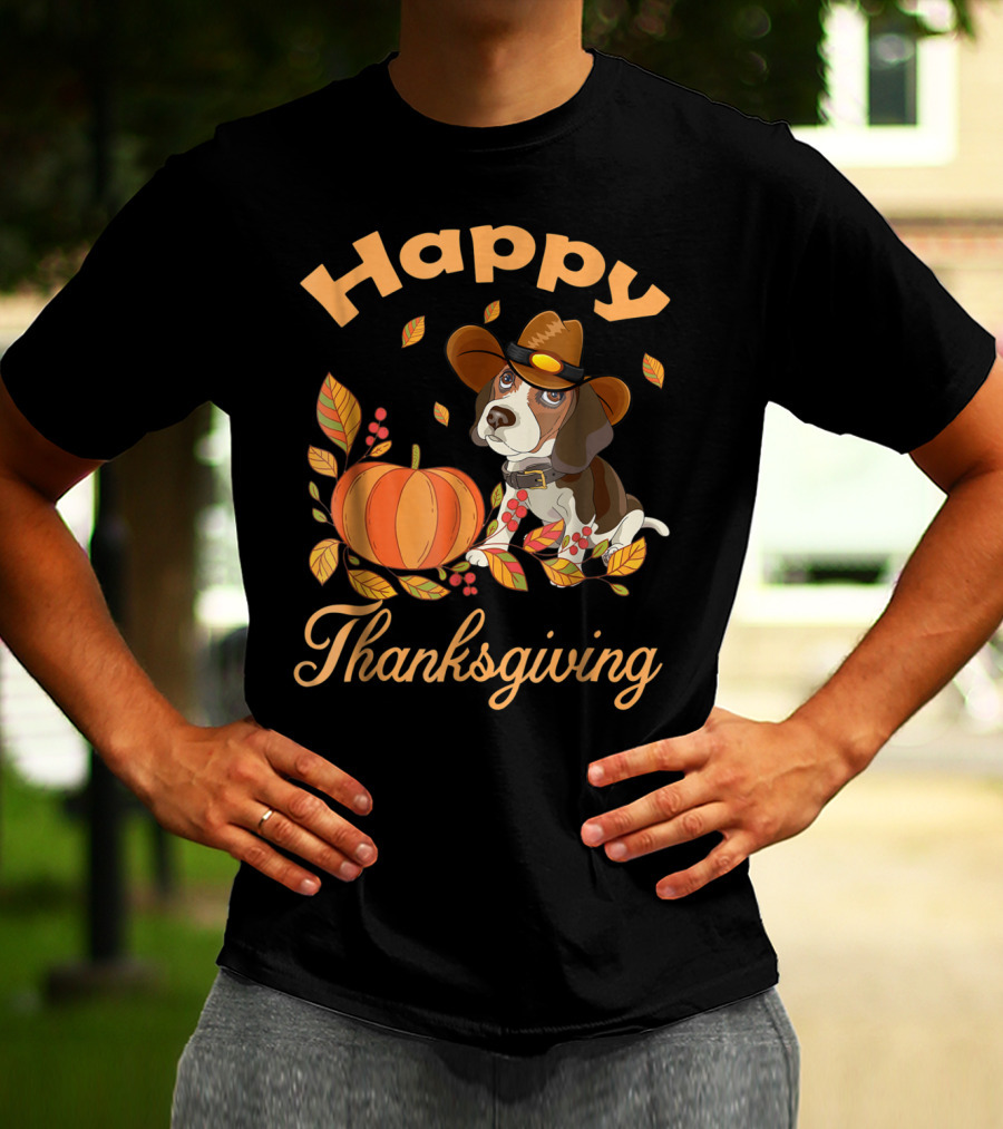 Happy Thanksgiving Beagles Pilgrim Pumpkin And Leaves T-Shirt