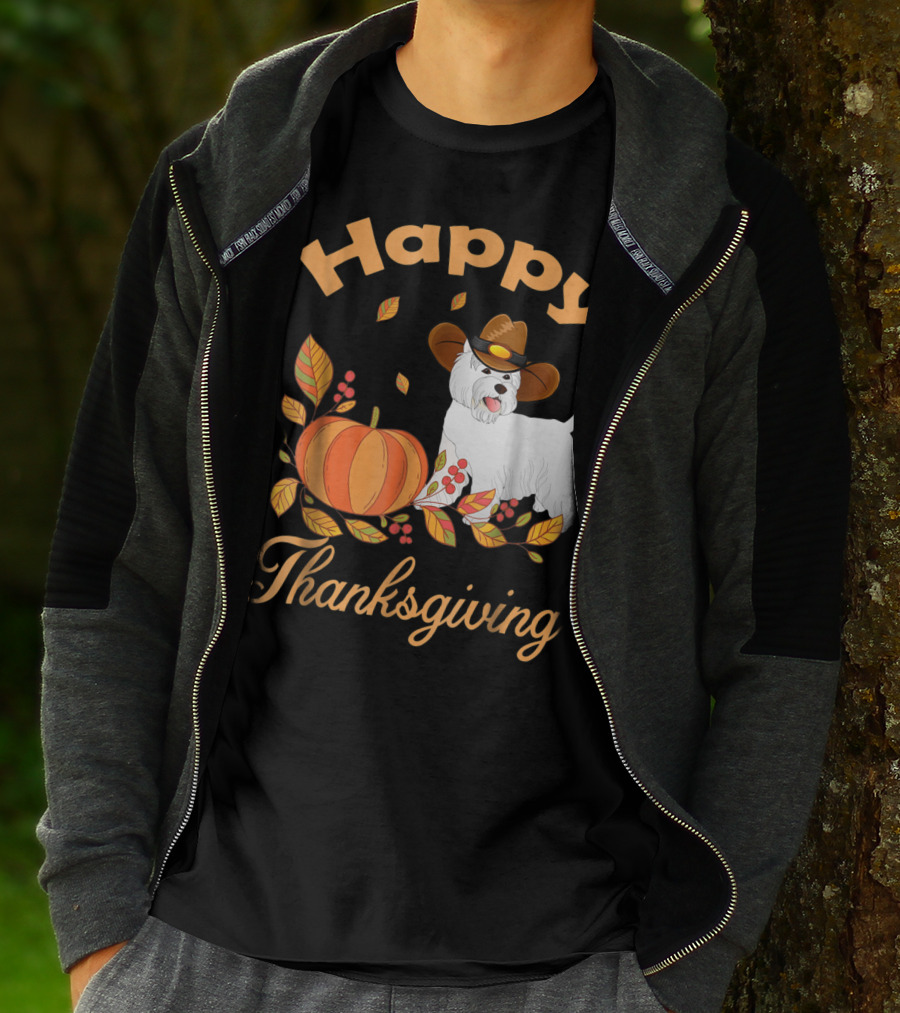 Happy Thanksgiving Westie Pilgrim Dog With Pumpkin And Leaves T-Shirt