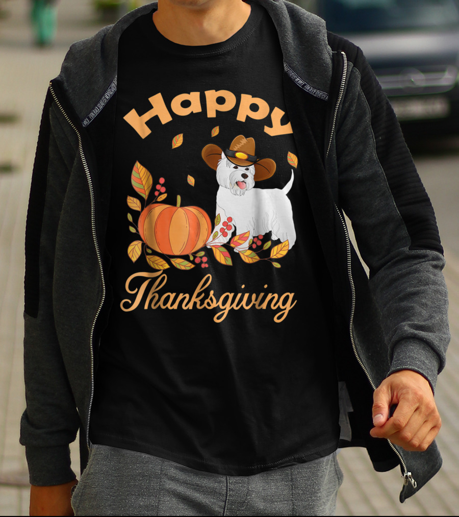 Happy Thanksgiving Westie Pilgrim Dog With Pumpkin And Leaves T-Shirt