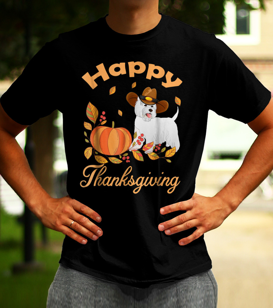 Happy Thanksgiving Westie Pilgrim Dog With Pumpkin And Leaves T-Shirt