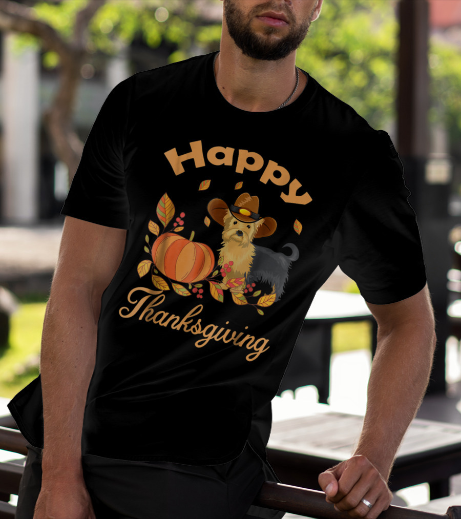 Happy Thanksgiving Yorkie With Pilgrim Hat And Autumn Pumpkin Leaves T-Shirt