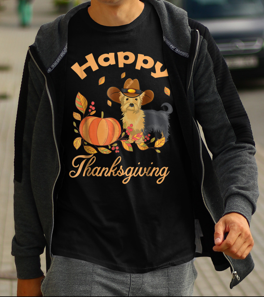 Happy Thanksgiving Yorkie With Pilgrim Hat And Autumn Pumpkin Leaves T-Shirt