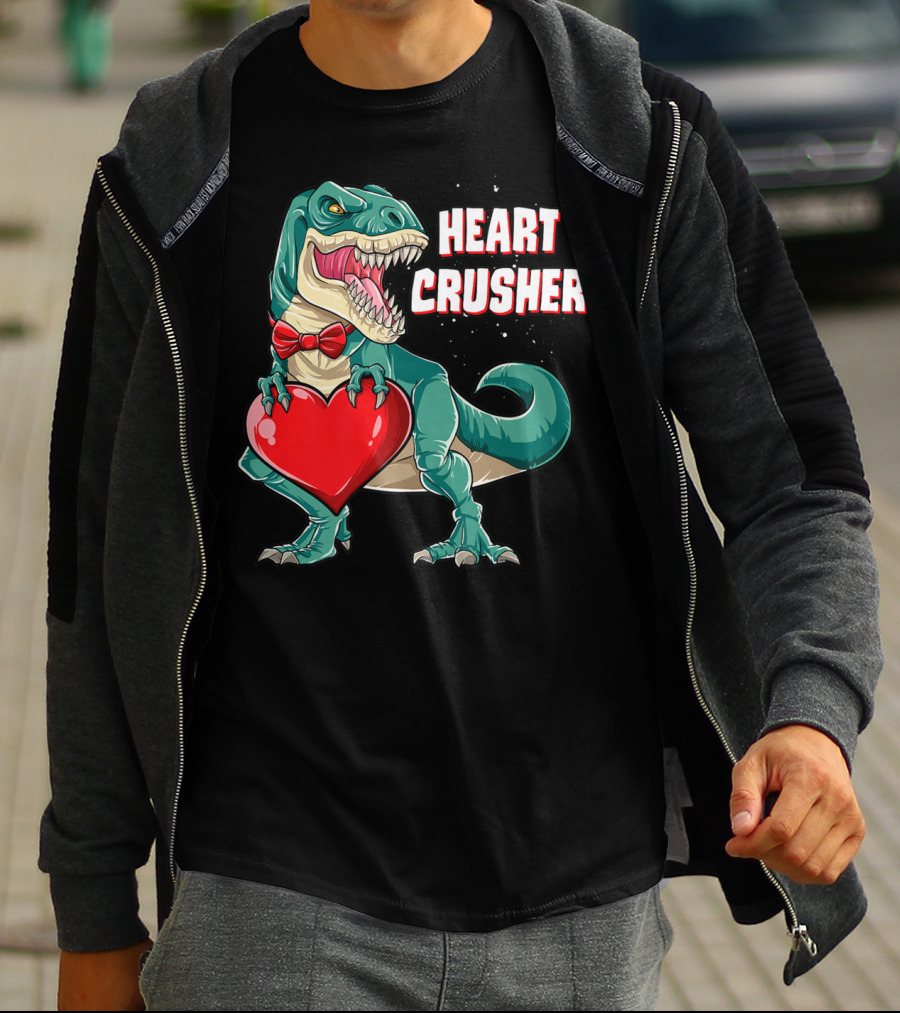Heart Crusher Valentines Day Dinosaur Rex Bowtie Holding Heart T-Shirt