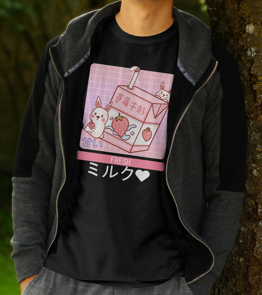 Fresh  Strawberry Milk Carton With Cute Bunny Aesthetic T-Shirt