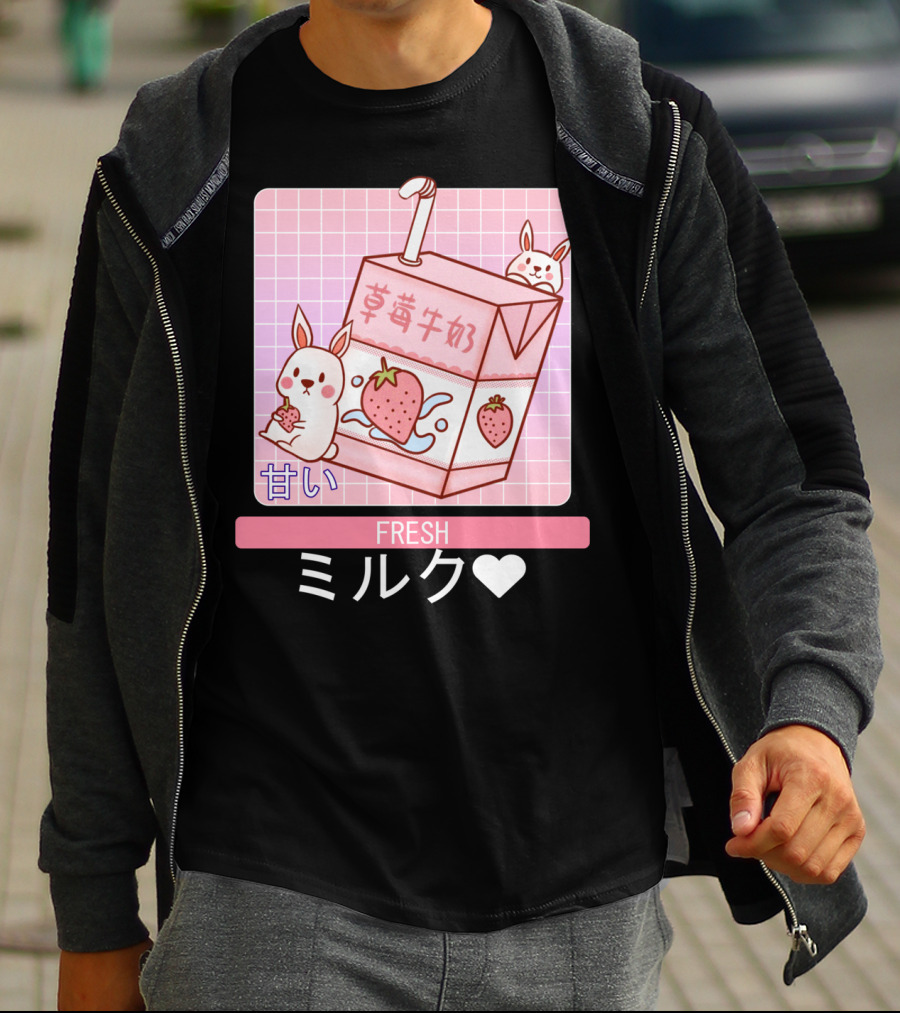 Fresh  Strawberry Milk Carton With Cute Bunny Aesthetic T-Shirt