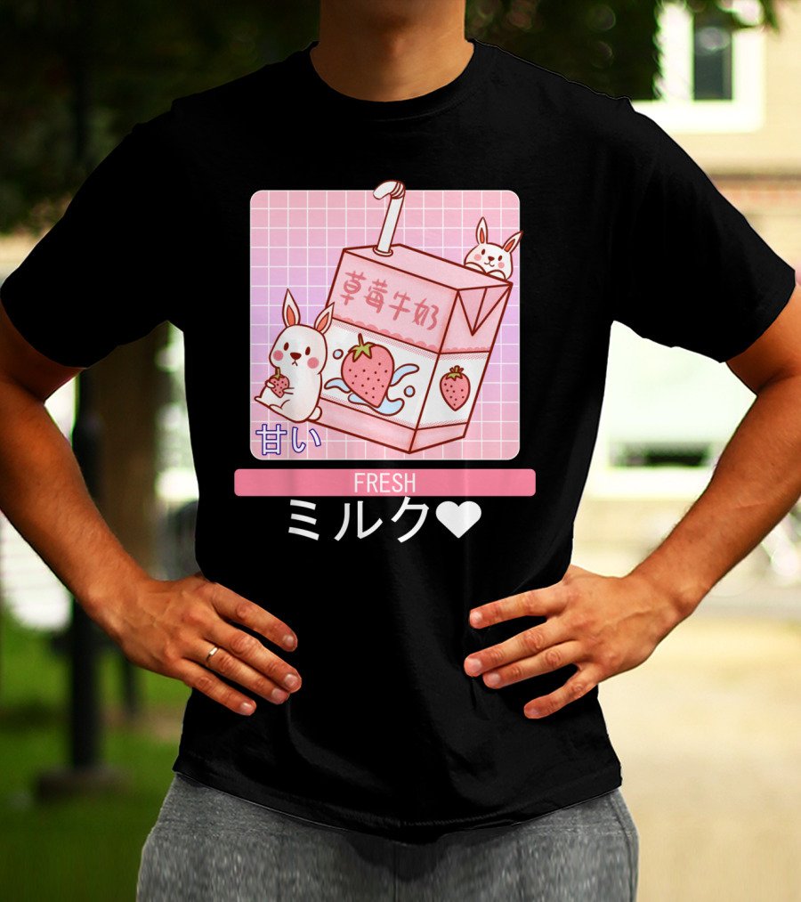 Fresh  Strawberry Milk Carton With Cute Bunny Aesthetic T-Shirt