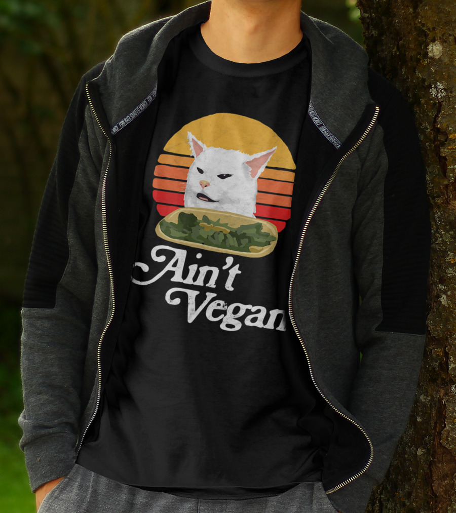 Ain't Vegan Arguing White Cat Retro Sunset T-Shirt