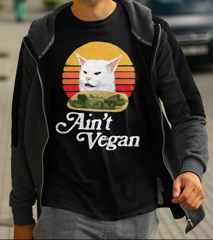 Ain't Vegan Arguing White Cat Retro Sunset T-Shirt