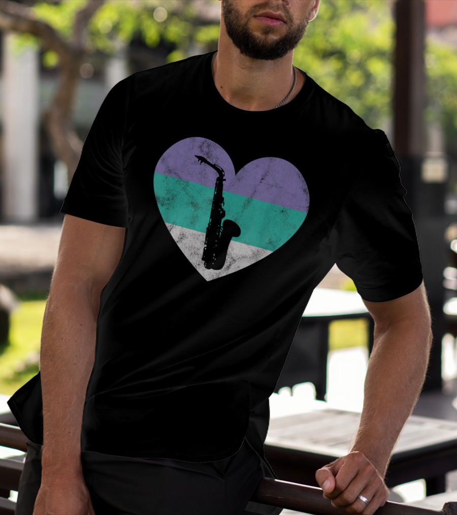Heart With Alto Saxophone Silhouette And Pastel Stripes T-Shirt