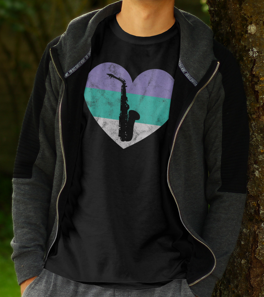 Heart With Alto Saxophone Silhouette And Pastel Stripes T-Shirt