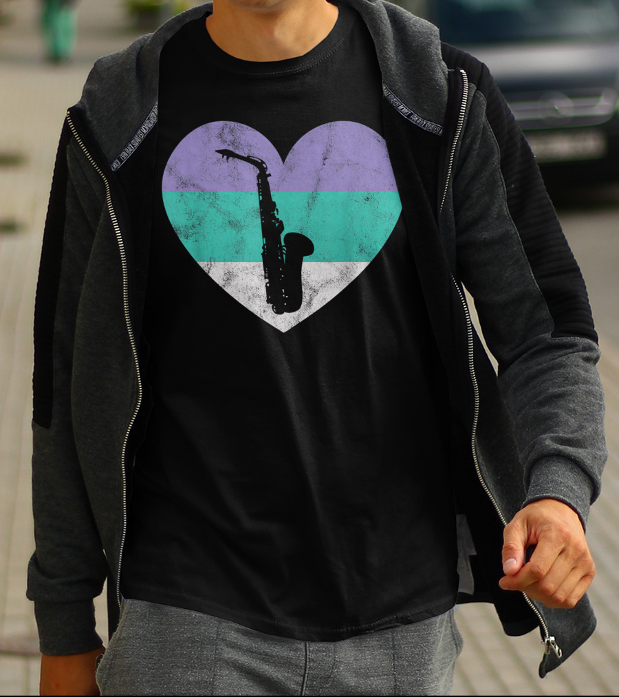 Heart With Alto Saxophone Silhouette And Pastel Stripes T-Shirt