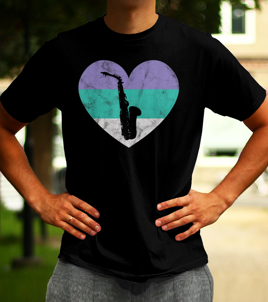 Heart With Alto Saxophone Silhouette And Pastel Stripes T-Shirt