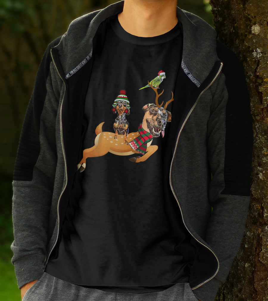 At's Andy And Thanri Reindeer Dog Duo With Santa Parrot T-Shirt