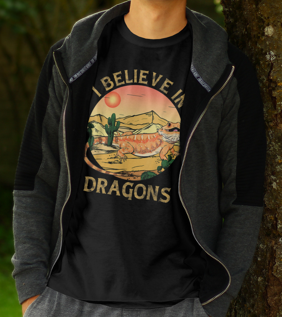 I Believe In Dragons Bearded Cactus Desert Sunset T-Shirt
