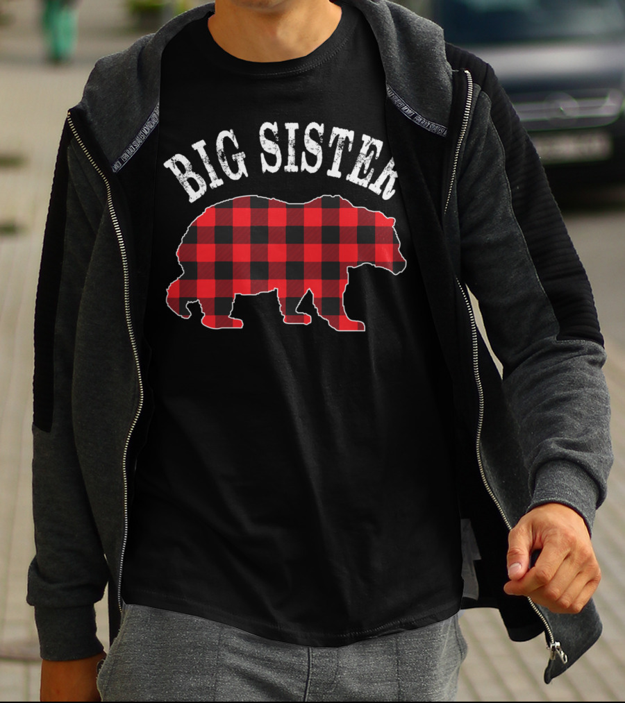 Big Sister Bear Red Black Buffalo Plaid T-Shirt