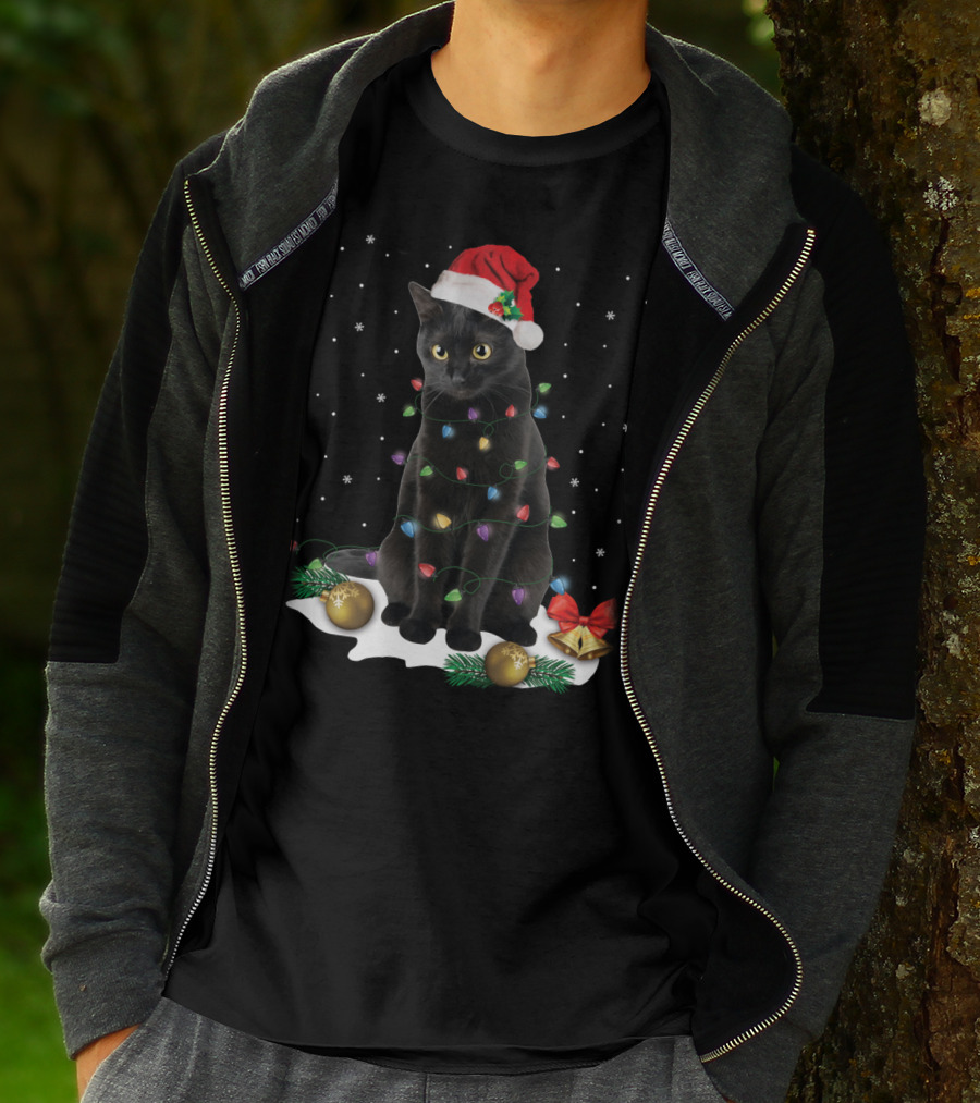 Black Cat Santa Christmas Lights Funny Cat Dad Festive Holiday T-Shirt