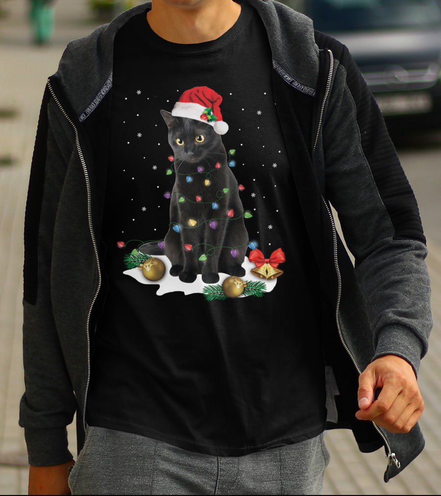 Black Cat Santa Christmas Lights Funny Cat Dad Festive Holiday T-Shirt