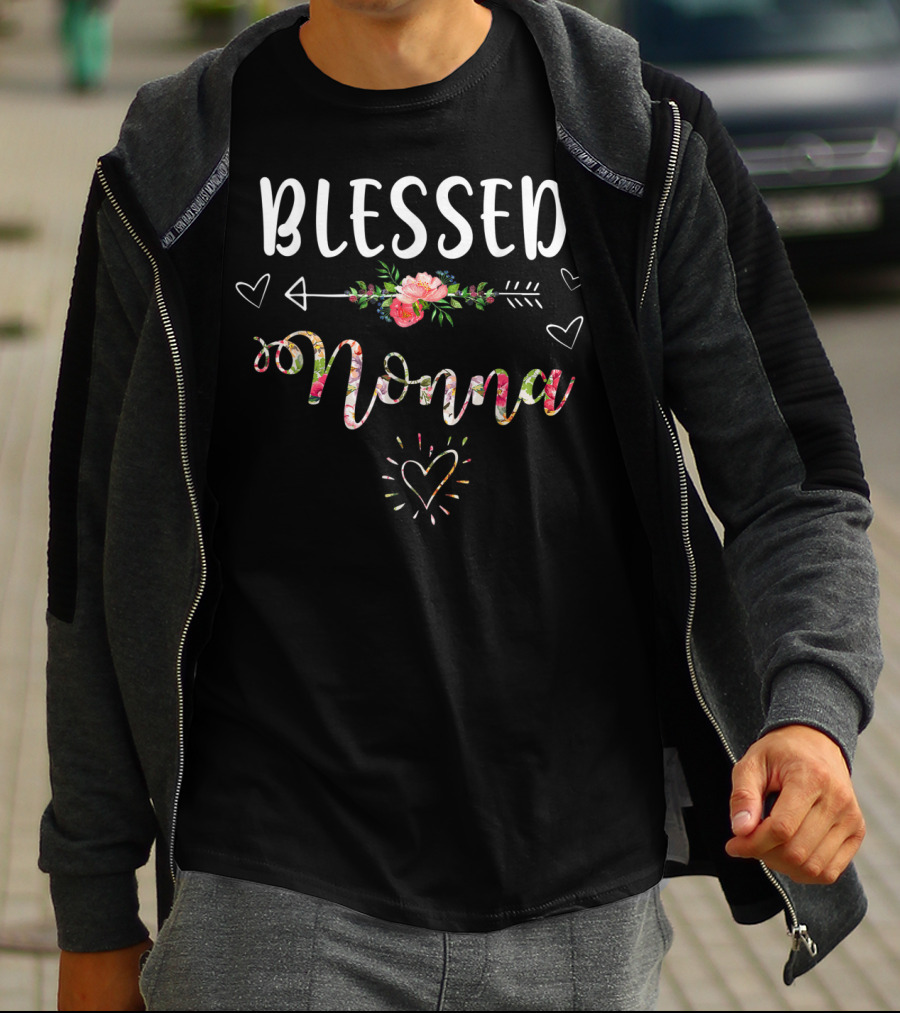 Blessed Nonna Floral Text With Heart And Arrow T-Shirt