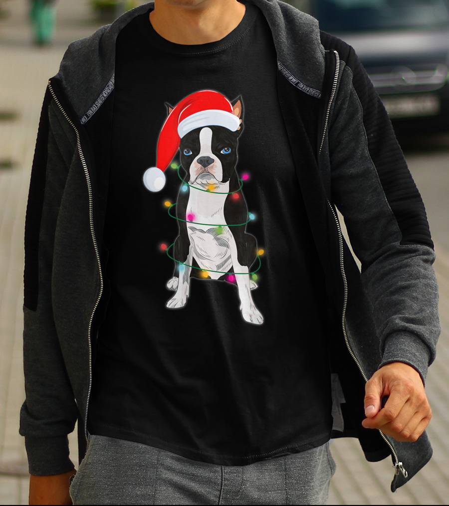 Boston Terrier Wrapped In Christmas Lights With Santa Hat T-Shirt