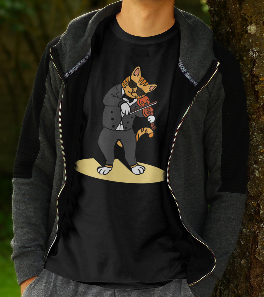 Cat Playing Violin Orchestra Kitten In Tuxedo With Sunglasses T-Shirt