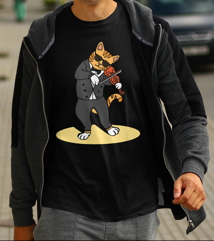 Cat Playing Violin Orchestra Kitten In Tuxedo With Sunglasses T-Shirt
