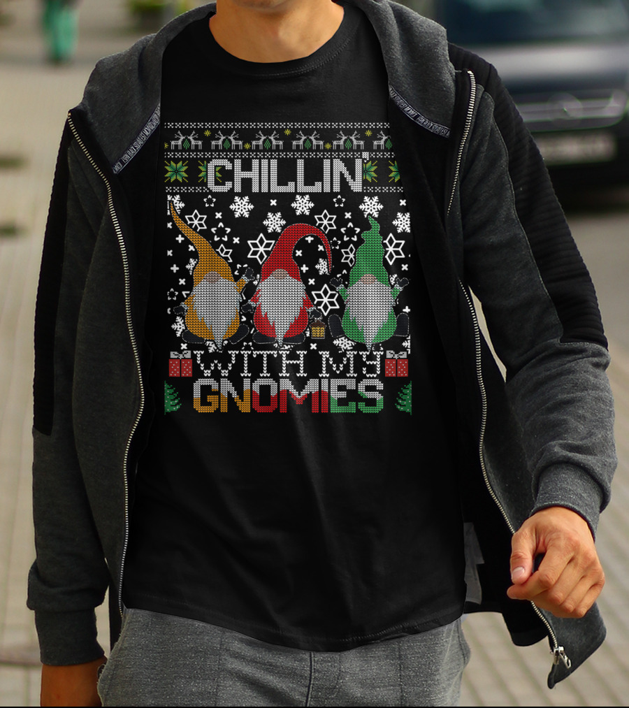 Chillin With My Gnomies Snowflakes Ugly Christmas Sweater Style Gnome Trio T-Shirt