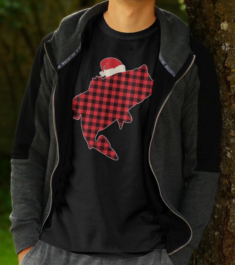 Christmas Fish Santa Hat Red Plaid Buffalo T-Shirt