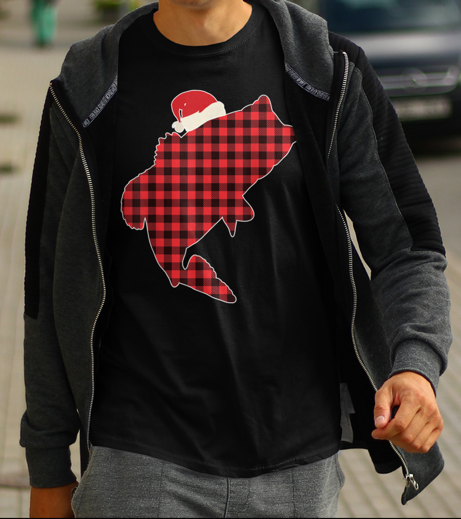 Christmas Fish Santa Hat Red Plaid Buffalo T-Shirt