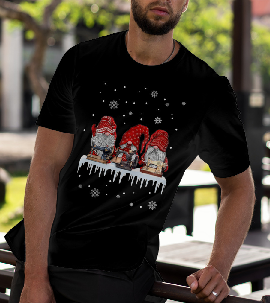 Christmas Gnomes Red Sewing Machine Snowflakes Winter Scene T-Shirt