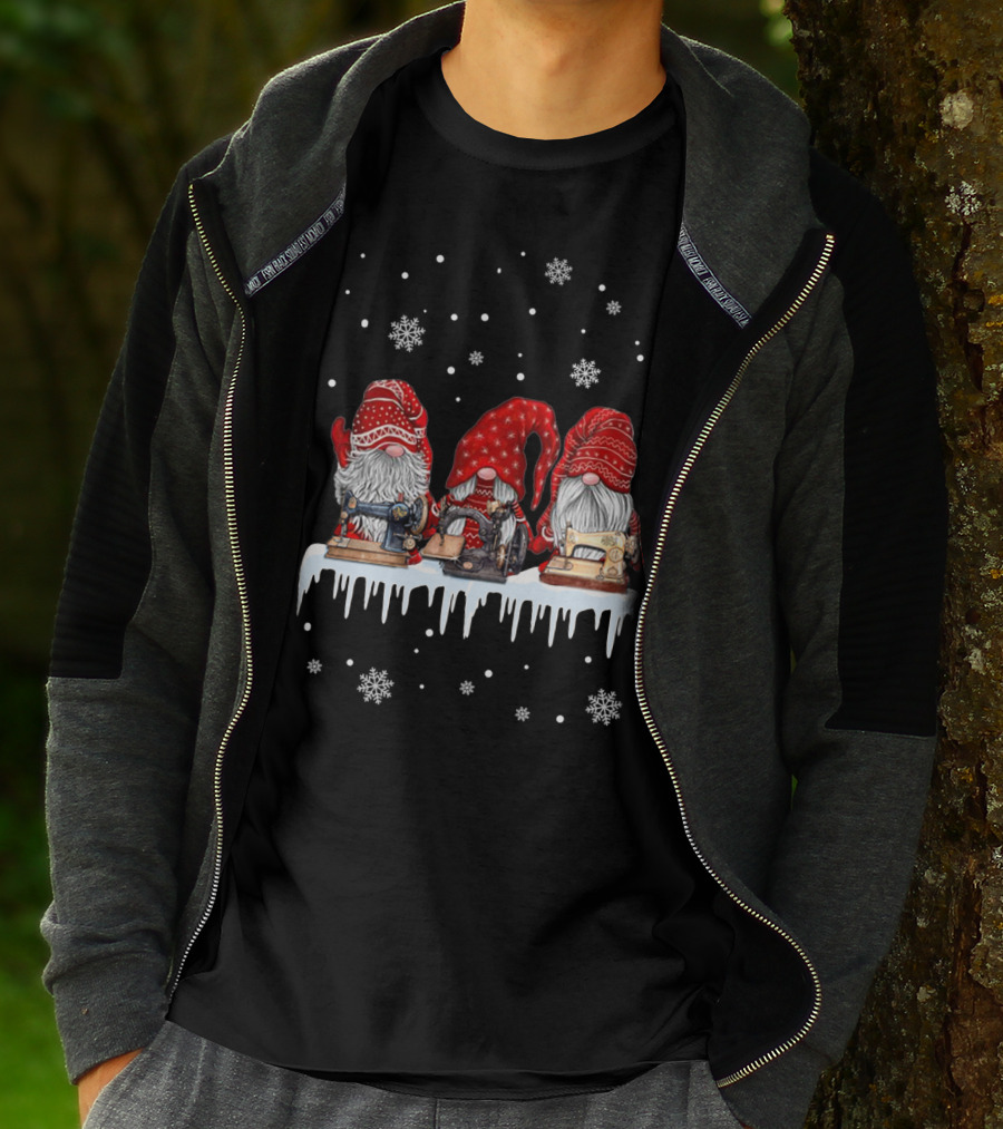 Christmas Gnomes Red Sewing Machine Snowflakes Winter Scene T-Shirt