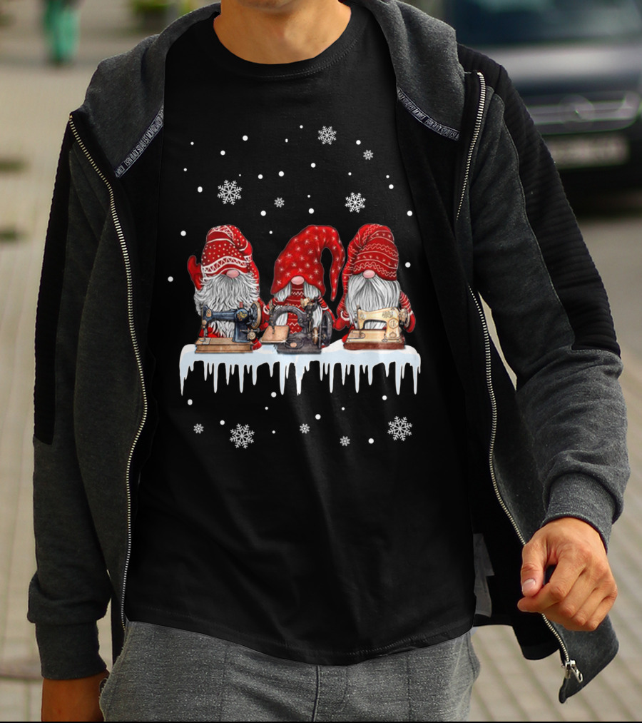 Christmas Gnomes Red Sewing Machine Snowflakes Winter Scene T-Shirt