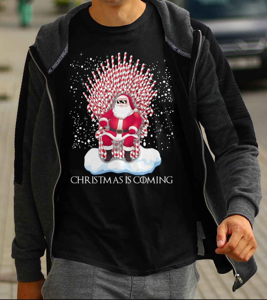 Santa On Candy Cane Throne Christmas Is Coming Snowflakes T-Shirt