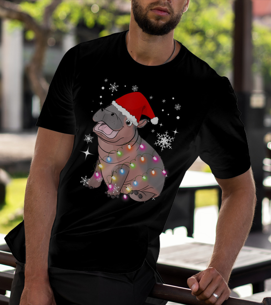 Christmas Lights Baby Hippo Fiona Santa Hat T-Shirt