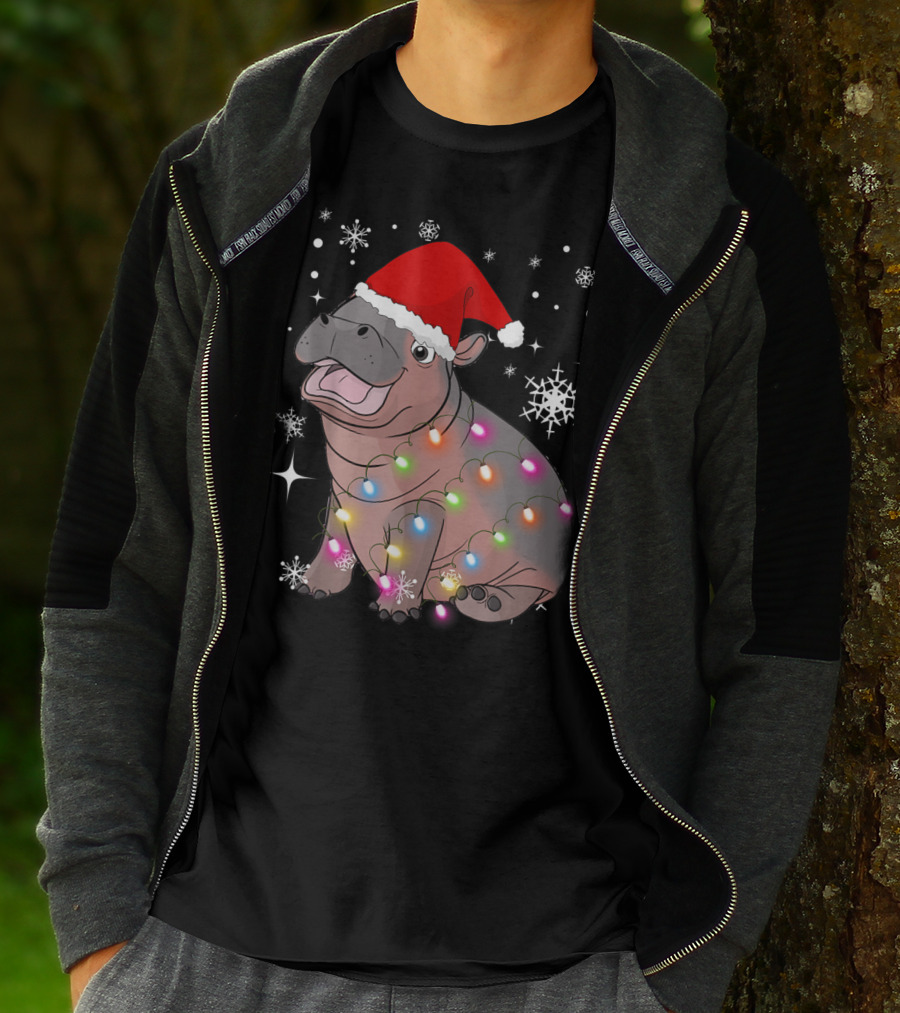 Christmas Lights Baby Hippo Fiona Santa Hat T-Shirt