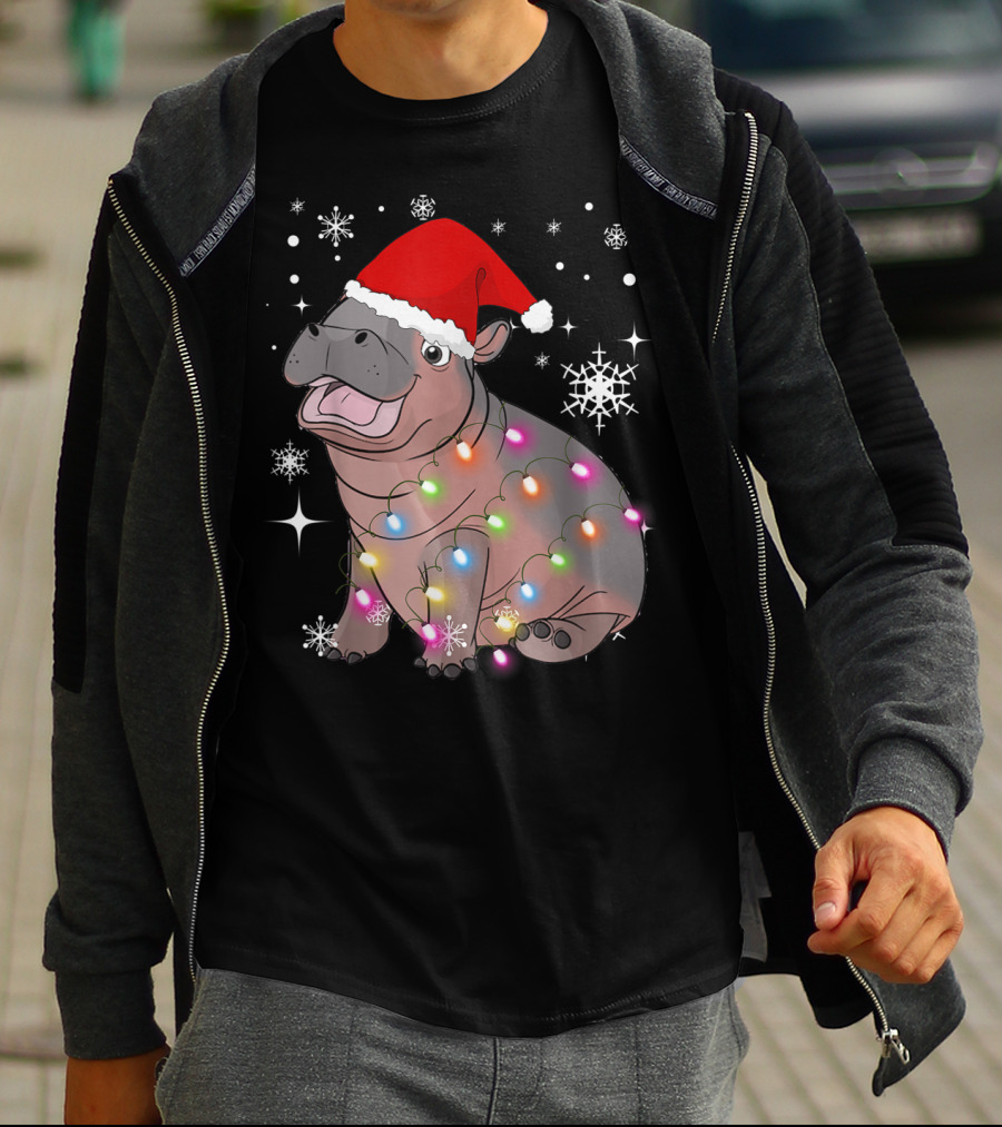 Christmas Lights Baby Hippo Fiona Santa Hat T-Shirt