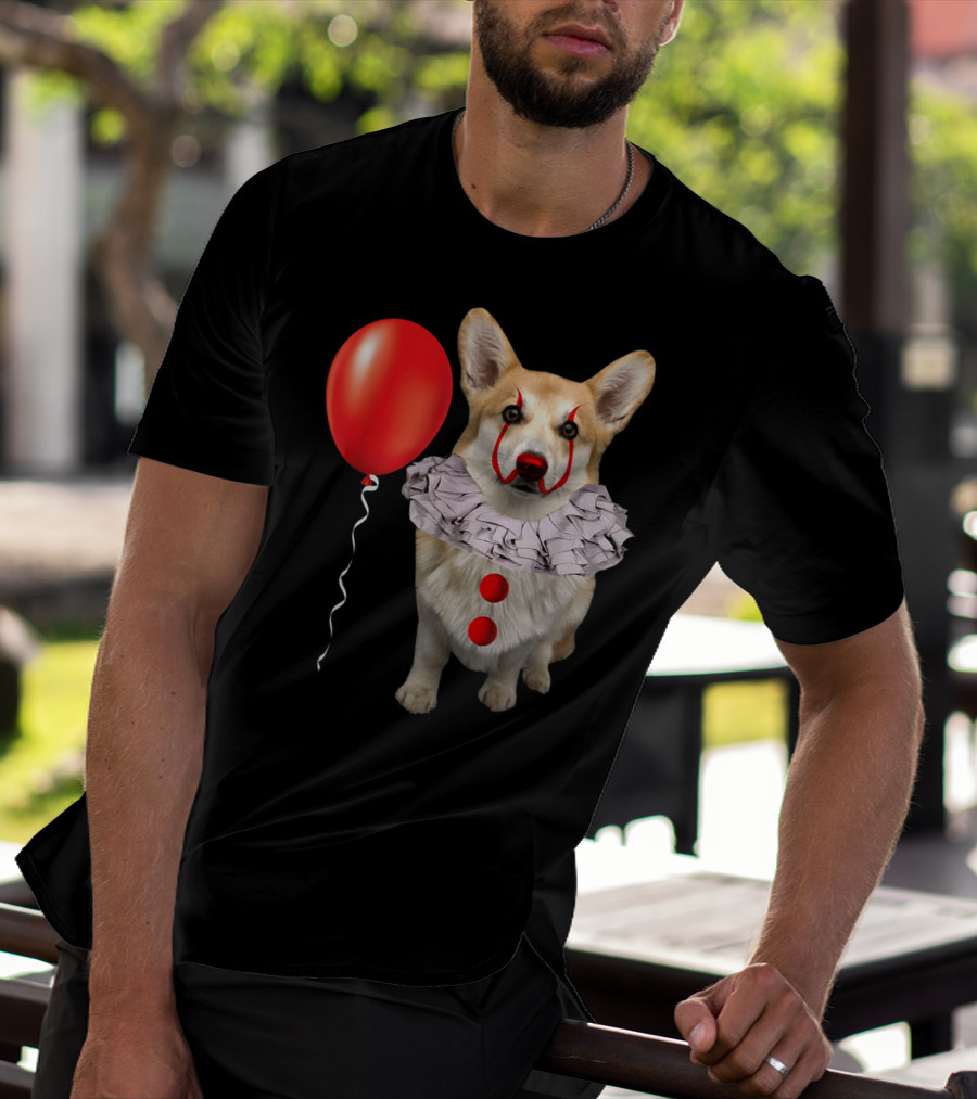 Corgi Clown Costume With Red Balloon Scary Funny Corgi T-Shirt