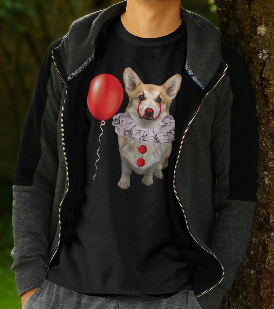 Corgi Clown Costume With Red Balloon Scary Funny Corgi T-Shirt