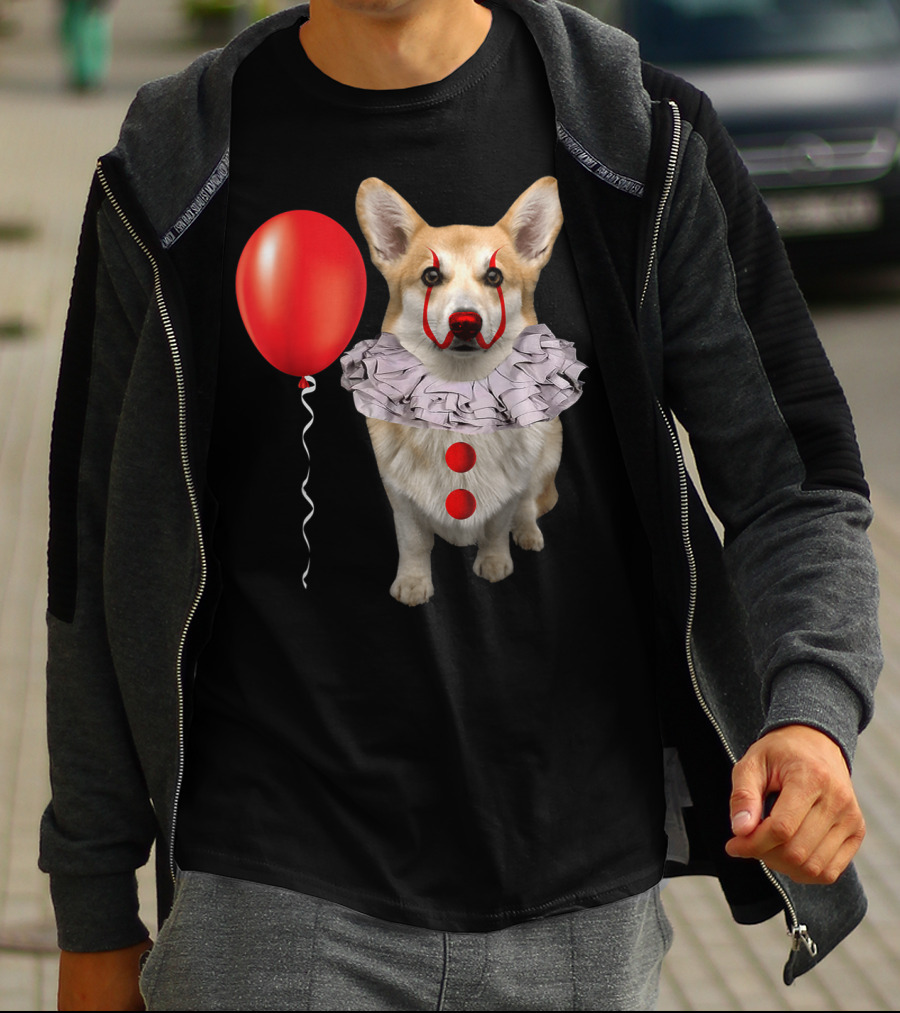 Corgi Clown Costume With Red Balloon Scary Funny Corgi T-Shirt