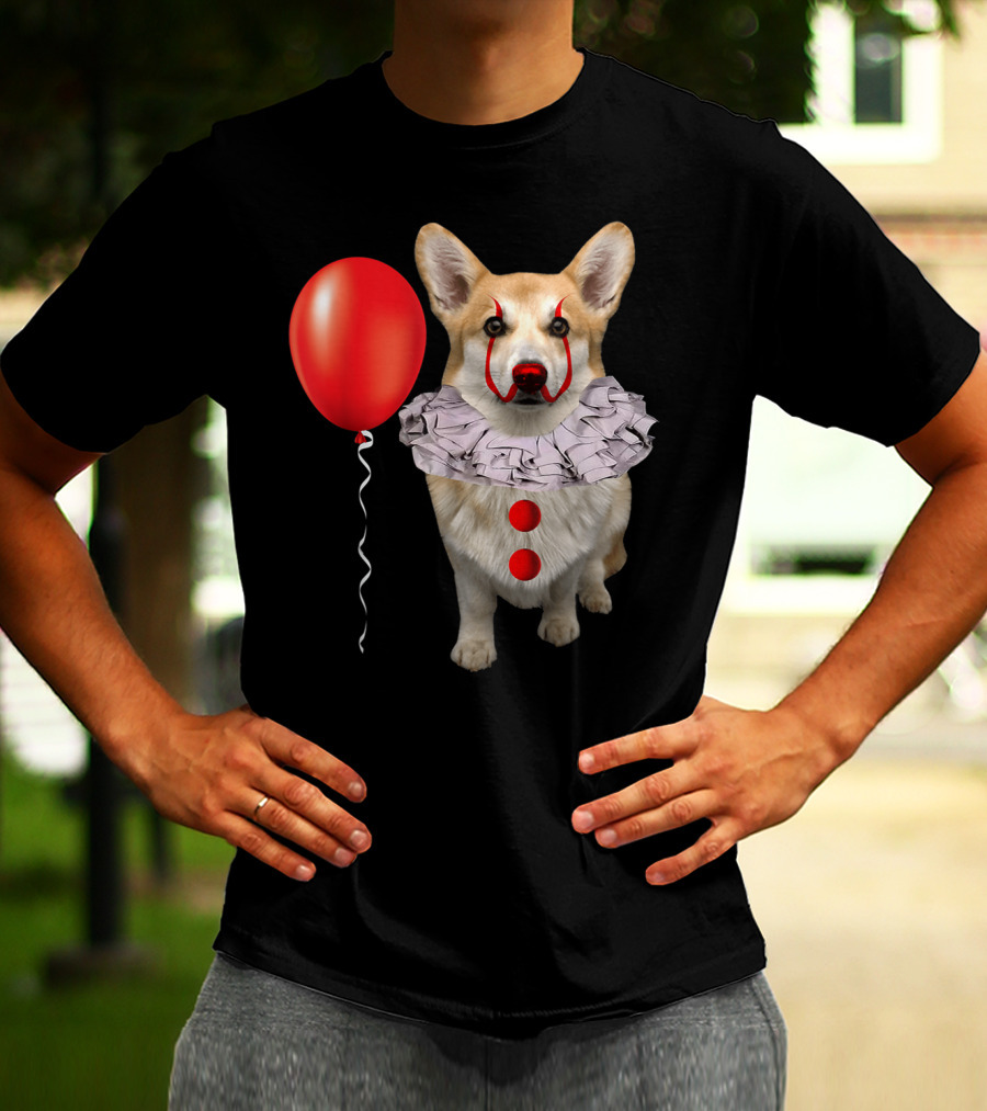Corgi Clown Costume With Red Balloon Scary Funny Corgi T-Shirt