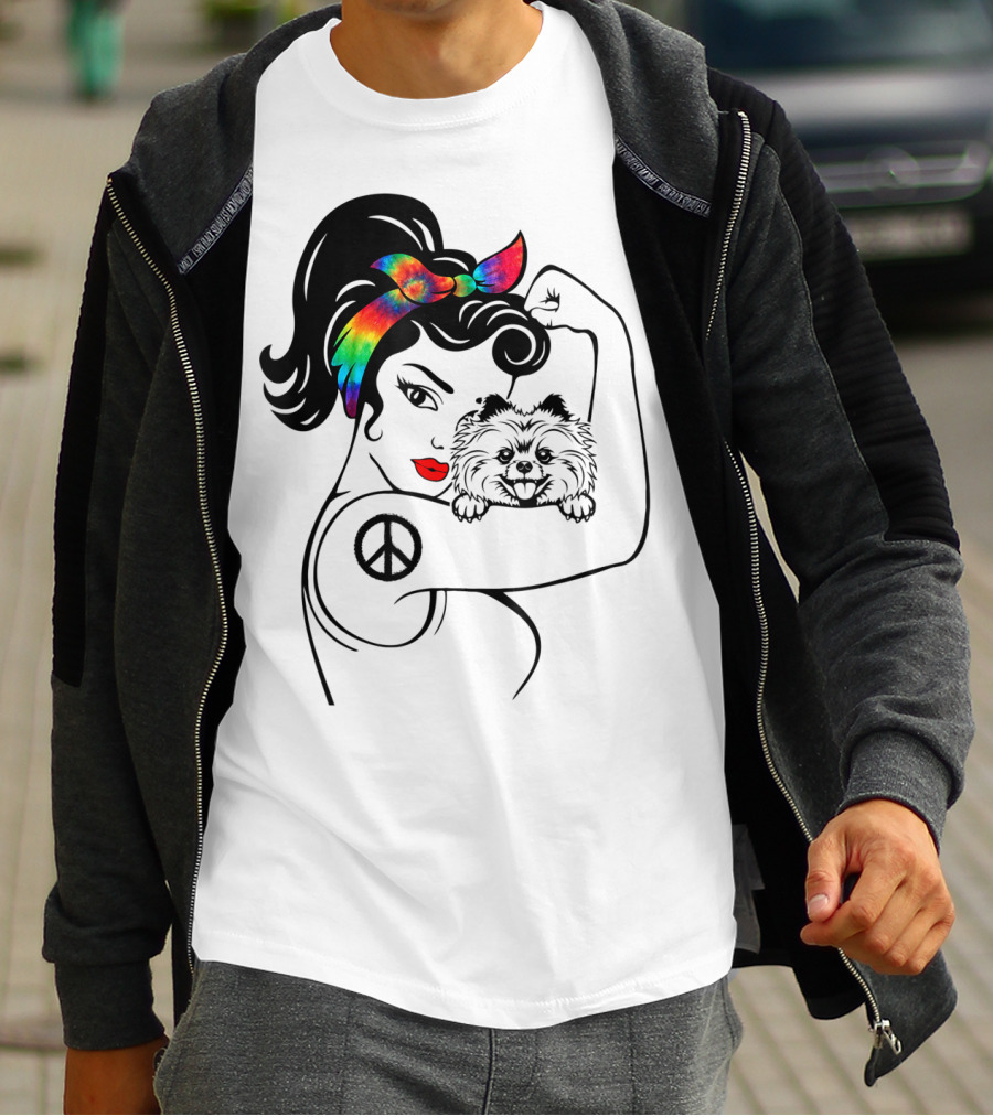 Cute Pomeranian Mom Peace Rainbow Bandana T-Shirt