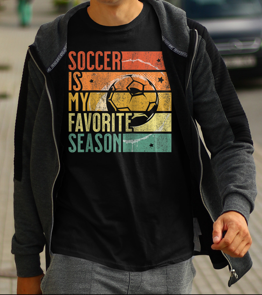 Soccer Is My Favorite Season Vintage Distressed Stripes Football Ball Retro T-Shirt