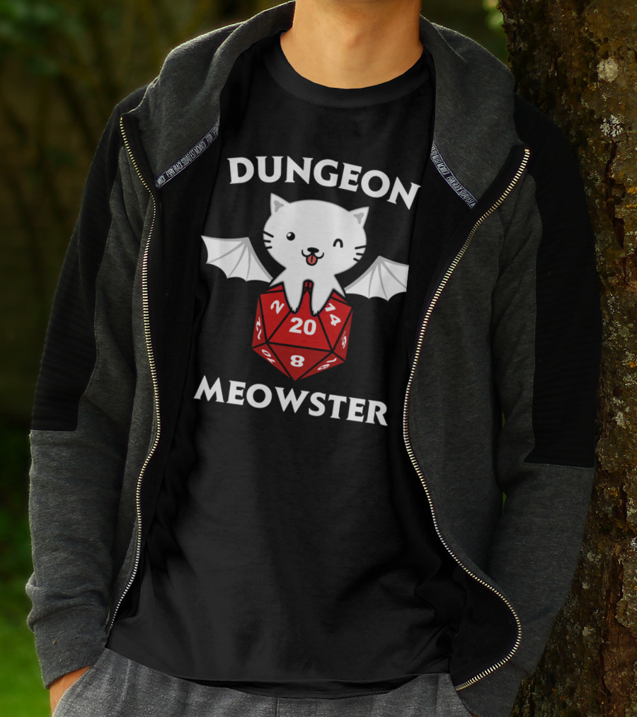 Dungeon Meowster D20 RPG Cat With Wings On Dice T-Shirt