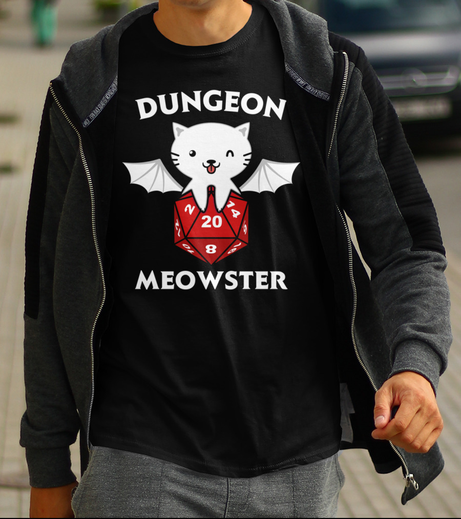 Dungeon Meowster D20 RPG Cat With Wings On Dice T-Shirt