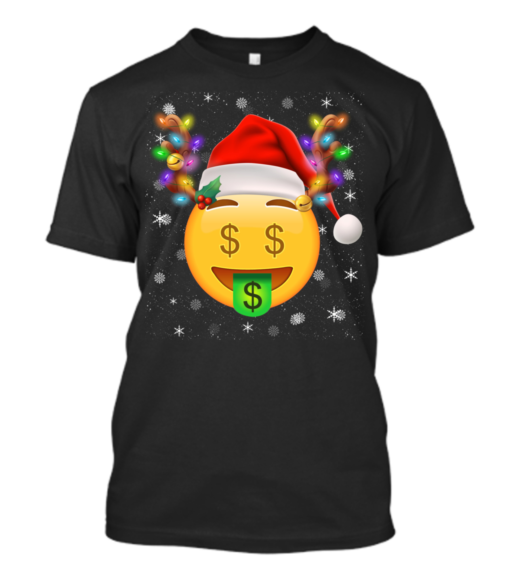 Santa Hat Reindeer Antlers Emoji Money Face T-Shirt