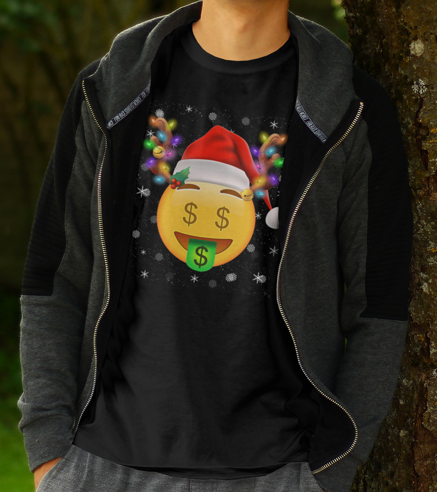 Santa Hat Reindeer Antlers Emoji Money Face T-Shirt