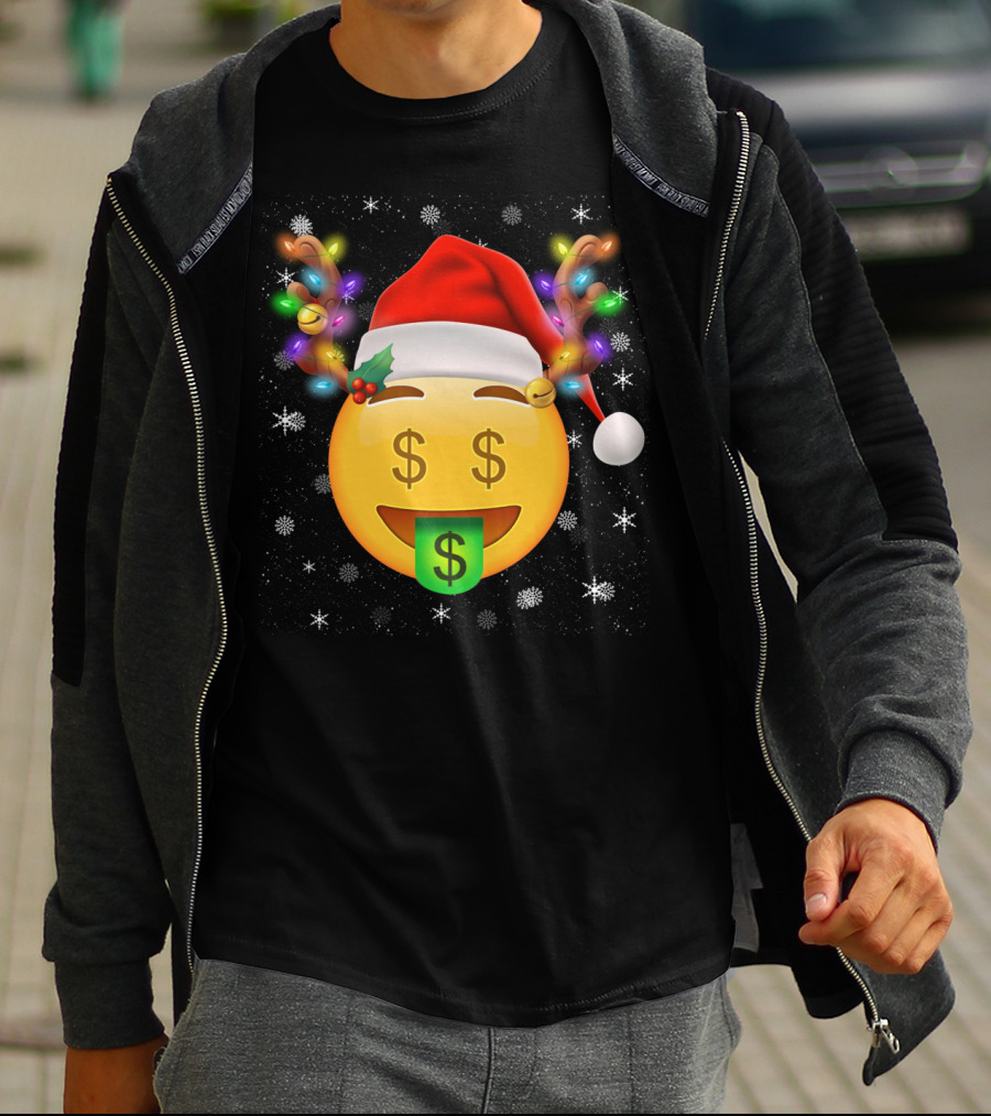 Santa Hat Reindeer Antlers Emoji Money Face T-Shirt