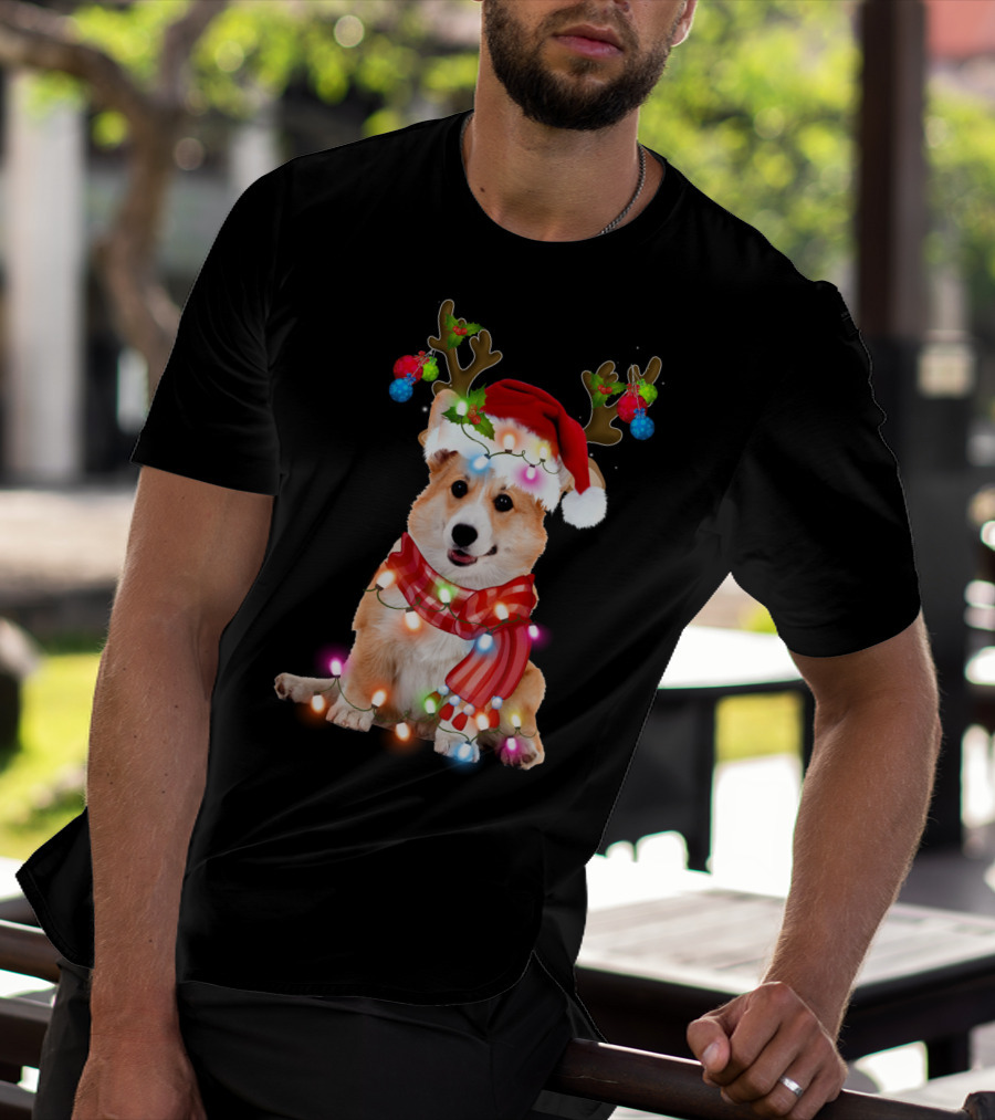 Corgi Christmas Reindeer Antlers Festive Lights And Santa Hat T-Shirt