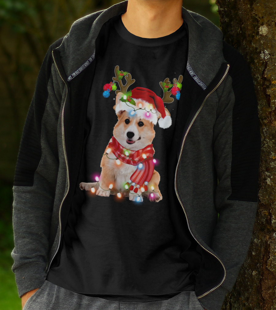 Corgi Christmas Reindeer Antlers Festive Lights And Santa Hat T-Shirt